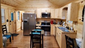 The rental cabin has a full kitchen